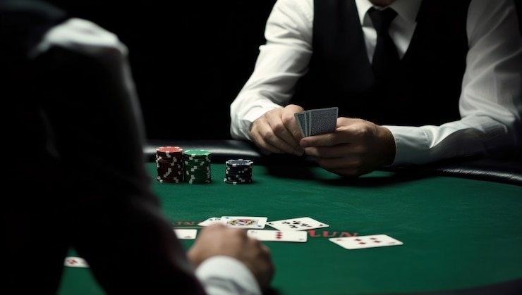 Meja Teen Patti live dealer di bakautoto dengan kartu dan chip yang terlihat jelas